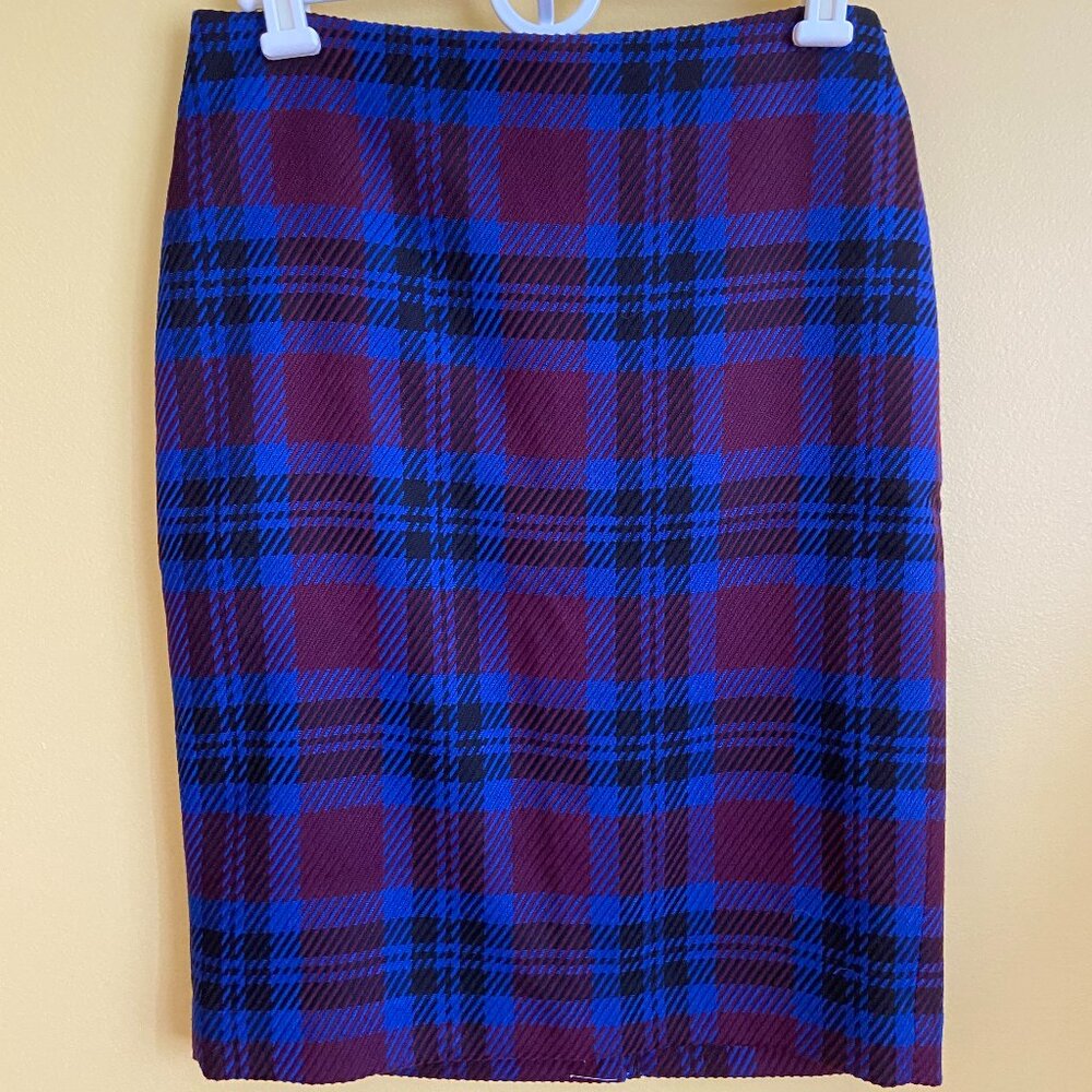 Ann Taylor Factory Blue Plaid Pencil Skirt high waist kick pleat on back seam